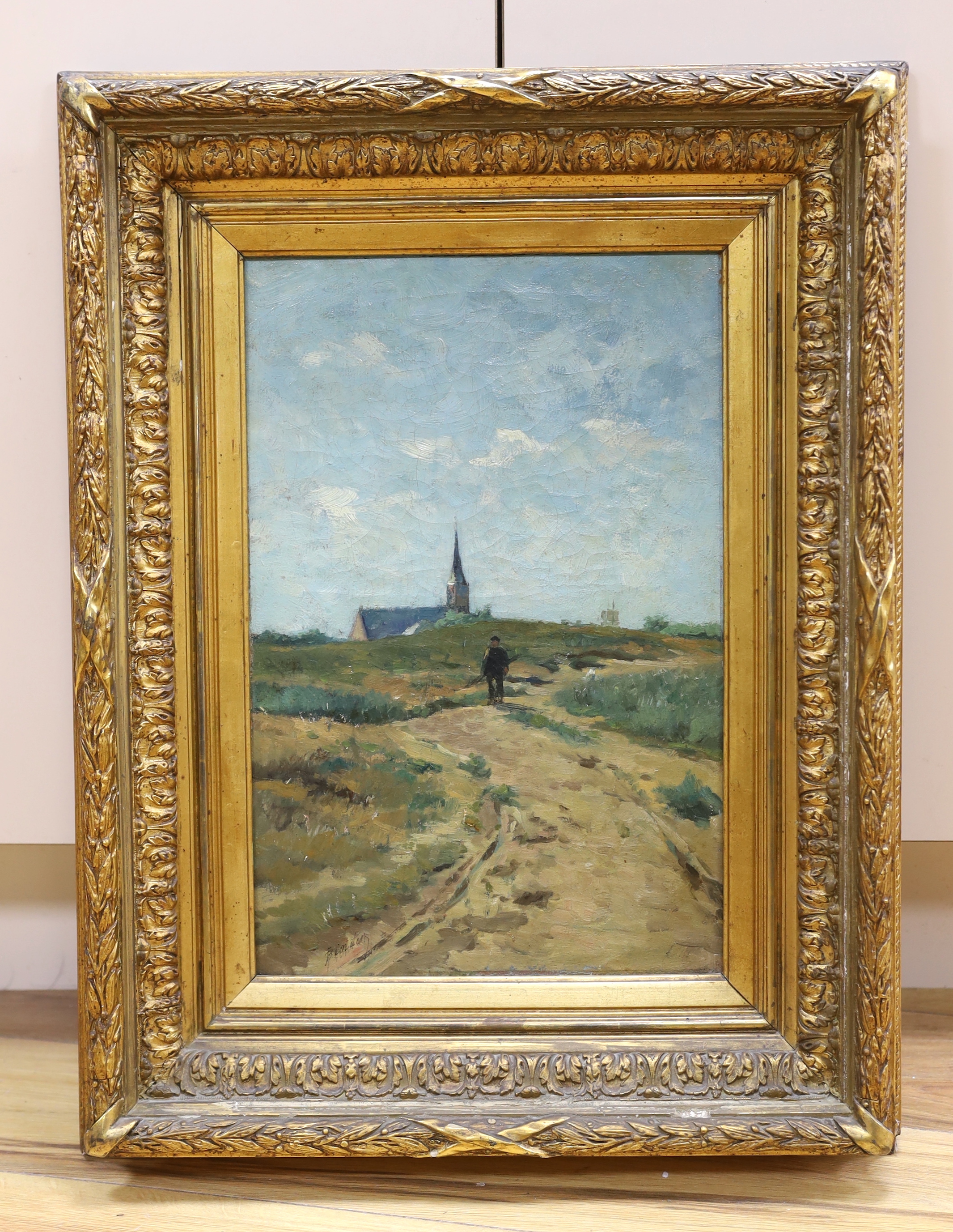 19th century School, impressionist oil on canvas, Church in a landscape, indistinctly signed lower left, 42 x 28cm, ornate gilt framed